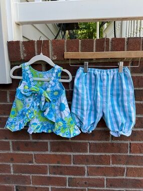 Vintage Patsy Aiken Ruffle Open Back Bow Top Shorts Size 2T toddler Made USA